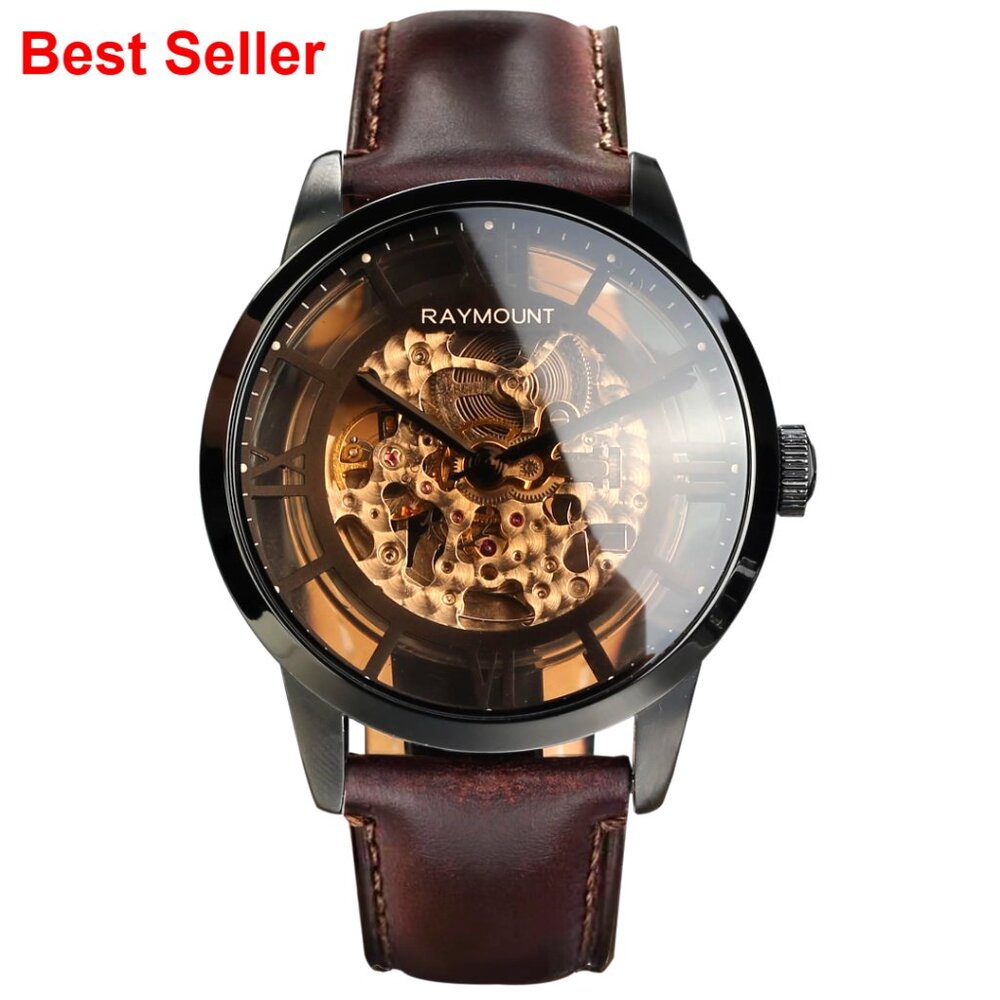 Automatic Mechanical Watch With Skeleton Dial And Leather Band